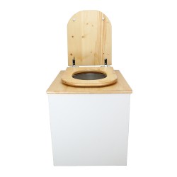 Toilette sèche en bois blanc/huilé avec seau plastique 22L, bavette inox, abattant bois huilé déclipsable. Modèle rehaussé PMR