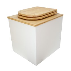 Toilette sèche en bois blanc/huilé avec seau plastique 22L, bavette inox, abattant bois huilé déclipsable. Modèle rehaussé PMR