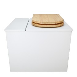 Toilette sèche rehaussée en bois blanc avec bac intégré. Livré avec bavette inox et seau 22L. abattant huilé déclipsable.