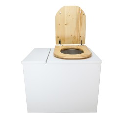 Toilette sèche rehaussée en bois blanc avec bac intégré. Livré avec bavette inox et seau 22L. abattant huilé déclipsable.