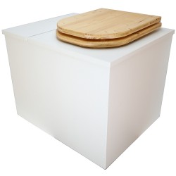 Toilette sèche rehaussée en bois blanc avec bac intégré. Livré avec bavette inox et seau 22L. abattant huilé déclipsable.