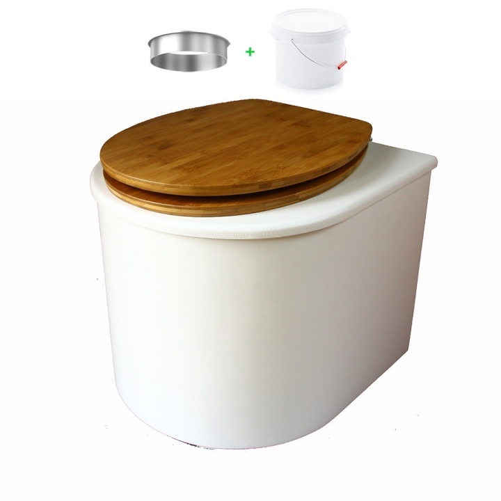 toilette sèche arrondie blanche avec abattant bambou