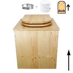 Toilette sèche rehaussée en bois huilé avec bavette inox, seau plastique 22 litres, abattant bois huilé déclipsable