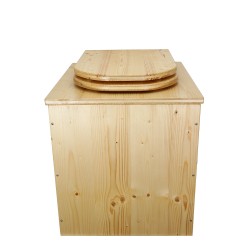 Toilette sèche rehaussée en bois huilé avec bavette inox, seau plastique 22 litres, abattant bois huilé déclipsable