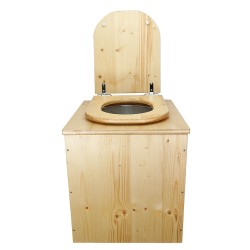 Toilette sèche rehaussée en bois huilé avec bavette inox, seau plastique 22 litres, abattant bois huilé déclipsable