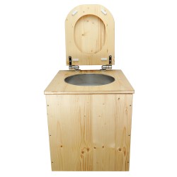 Toilette sèche rehaussée en bois huilé avec bavette inox, seau plastique 22 litres, abattant bois huilé déclipsable