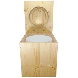 Toilette sèche rehaussée en bois huilé avec bavette inox, seau plastique 22 litres, abattant bois huilé déclipsable