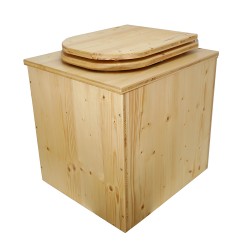 Toilette sèche rehaussée en bois huilé avec bavette inox, seau plastique 22 litres, abattant bois huilé déclipsable