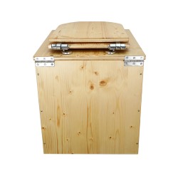 Toilette sèche rehaussée en bois huilé avec bavette inox, seau plastique 22 litres, abattant bois huilé déclipsable