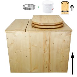 Toilette sèche rehaussée huilée avec bac à copeaux de bois, bavette inox, seau 22L, abattant bois huilé déclipsable