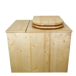 Toilette sèche rehaussée huilée avec bac à copeaux de bois, bavette inox, seau 22L, abattant bois huilé déclipsable
