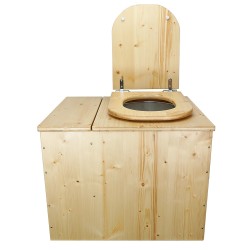 Toilette sèche rehaussée huilée avec bac à copeaux de bois, bavette inox, seau 22L, abattant bois huilé déclipsable
