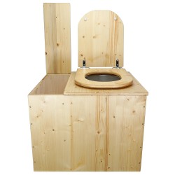 Toilette sèche rehaussée huilée avec bac à copeaux de bois, bavette inox, seau 22L, abattant bois huilé déclipsable
