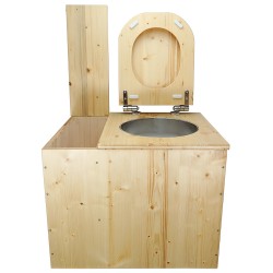 Toilette sèche rehaussée huilée avec bac à copeaux de bois, bavette inox, seau 22L, abattant bois huilé déclipsable