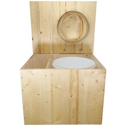 Toilette sèche rehaussée huilée avec bac à copeaux de bois, bavette inox, seau 22L, abattant bois huilé déclipsable