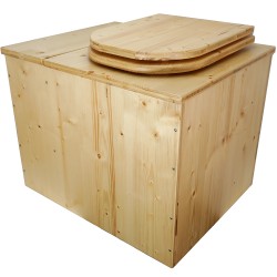 Toilette sèche rehaussée huilée avec bac à copeaux de bois, bavette inox, seau 22L, abattant bois huilé déclipsable