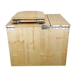 Toilette sèche rehaussée huilée avec bac à copeaux de bois, bavette inox, seau 22L, abattant bois huilé déclipsable