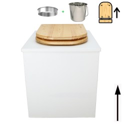 Toilette sèche rehaussée en bois blanc complète avec seau inox et bavette inox - abattant bois huilé déclipsable