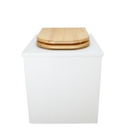 Toilette sèche rehaussée en bois blanc complète avec seau inox et bavette inox - abattant bois huilé déclipsable