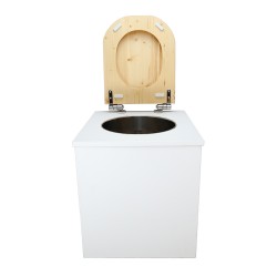 Toilette sèche rehaussée en bois blanc complète avec seau inox et bavette inox - abattant bois huilé déclipsable