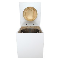 Toilette sèche rehaussée en bois blanc complète avec seau inox et bavette inox - abattant bois huilé déclipsable