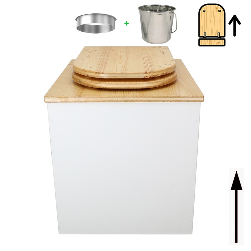 Toilette sèche rehaussée en bois blanc/huilé complète avec seau inox et bavette inox - abattant bois huilé déclipsable