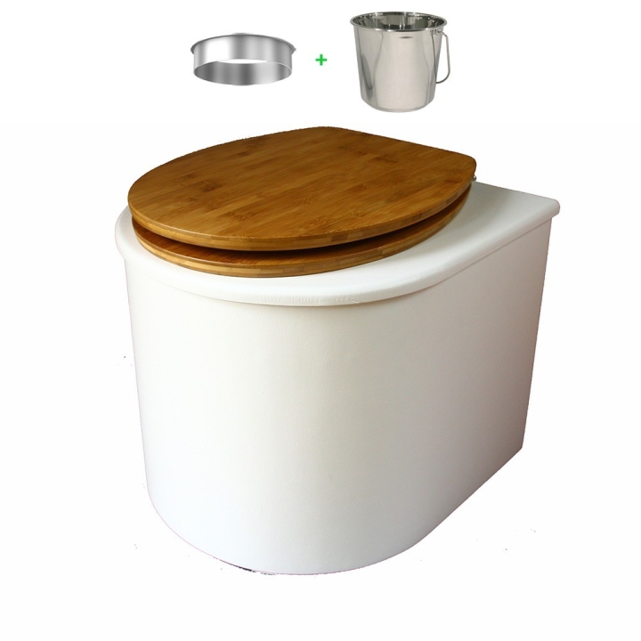 toilette sèche en bois blanc arrondie complète avec abattant bambou