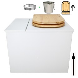 Toilette sèche rehaussée en bois blanc avec bac intégré, abattant bois huilé déclipsable, seau inox et bavette inox.