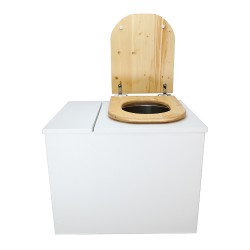 Toilette sèche rehaussée en bois blanc avec bac intégré, abattant bois huilé déclipsable, seau inox et bavette inox.