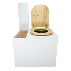 Toilette sèche rehaussée en bois blanc avec bac intégré, abattant bois huilé déclipsable, seau inox et bavette inox.