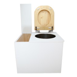 Toilette sèche rehaussée en bois blanc avec bac intégré, abattant bois huilé déclipsable, seau inox et bavette inox.