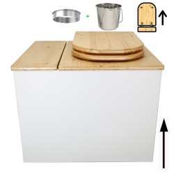 Toilette sèche rehaussée en bois blanc/huilé avec bac intégré, abattant bois huilé déclipsable, seau inox et bavette inox.