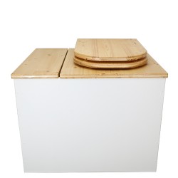 Toilette sèche rehaussée en bois blanc/huilé avec bac intégré, abattant bois huilé déclipsable, seau inox et bavette inox.