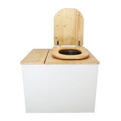 Toilette sèche rehaussée en bois blanc/huilé avec bac intégré, abattant bois huilé déclipsable, seau inox et bavette inox.
