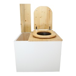 Toilette sèche rehaussée en bois blanc/huilé avec bac intégré, abattant bois huilé déclipsable, seau inox et bavette inox.