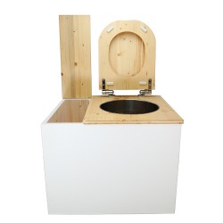 Toilette sèche rehaussée en bois blanc/huilé avec bac intégré, abattant bois huilé déclipsable, seau inox et bavette inox.