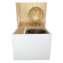 Toilette sèche rehaussée en bois blanc/huilé avec bac intégré, abattant bois huilé déclipsable, seau inox et bavette inox.
