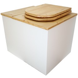 Toilette sèche rehaussée en bois blanc/huilé avec bac intégré, abattant bois huilé déclipsable, seau inox et bavette inox.