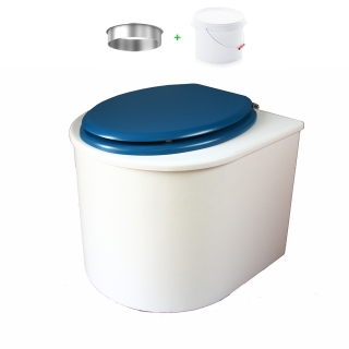 toilette sèche arrondie blanche avec abattant bleu nuit