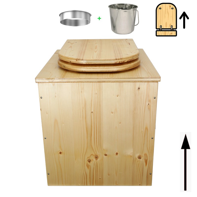 Toilette sèche rehaussée en bois huilée complète avec seau inox, bavette inox et abattant huilé déclipsable