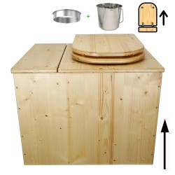 Toilette sèche rehaussée avec bac en bois huilé, avec seau inox et bavette inox - abattant huilé déclipsable