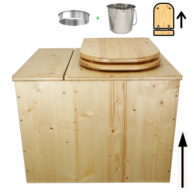 Toilette sèche rehaussée avec bac en bois huilé, avec seau inox et bavette inox - abattant huilé déclipsable