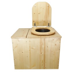 Toilette sèche rehaussée avec bac en bois huilé, avec seau inox et bavette inox - abattant huilé déclipsable