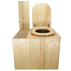 Toilette sèche rehaussée avec bac en bois huilé, avec seau inox et bavette inox - abattant huilé déclipsable