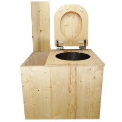Toilette sèche rehaussée avec bac en bois huilé, avec seau inox et bavette inox - abattant huilé déclipsable