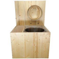 Toilette sèche rehaussée avec bac en bois huilé, avec seau inox et bavette inox - abattant huilé déclipsable