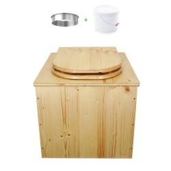 Toilette sèche en bois huilé avec bavette inox, seau plastique 22 litres, abattant "D" huilé