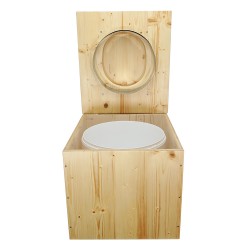 Toilette sèche en bois huilé avec bavette inox, seau plastique 22 litres, abattant "D" huilé