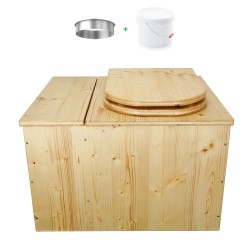 Toilette sèche huilée avec bac à copeaux de bois, bavette inox, seau plastique 22 litres, abattant bois huilé "D"