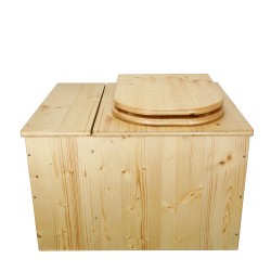 Toilette sèche huilée avec bac à copeaux de bois, bavette inox, seau plastique 22 litres, abattant bois huilé "D"